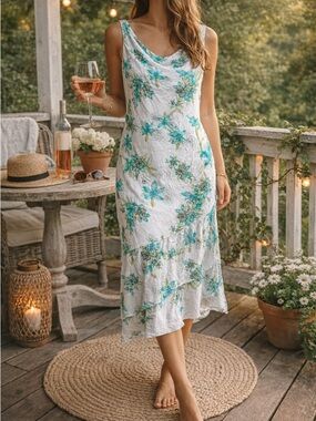 Vintage 90s Y2K Floral Slip Dress White Teal Cowl Neck Size 6 Summer High Low